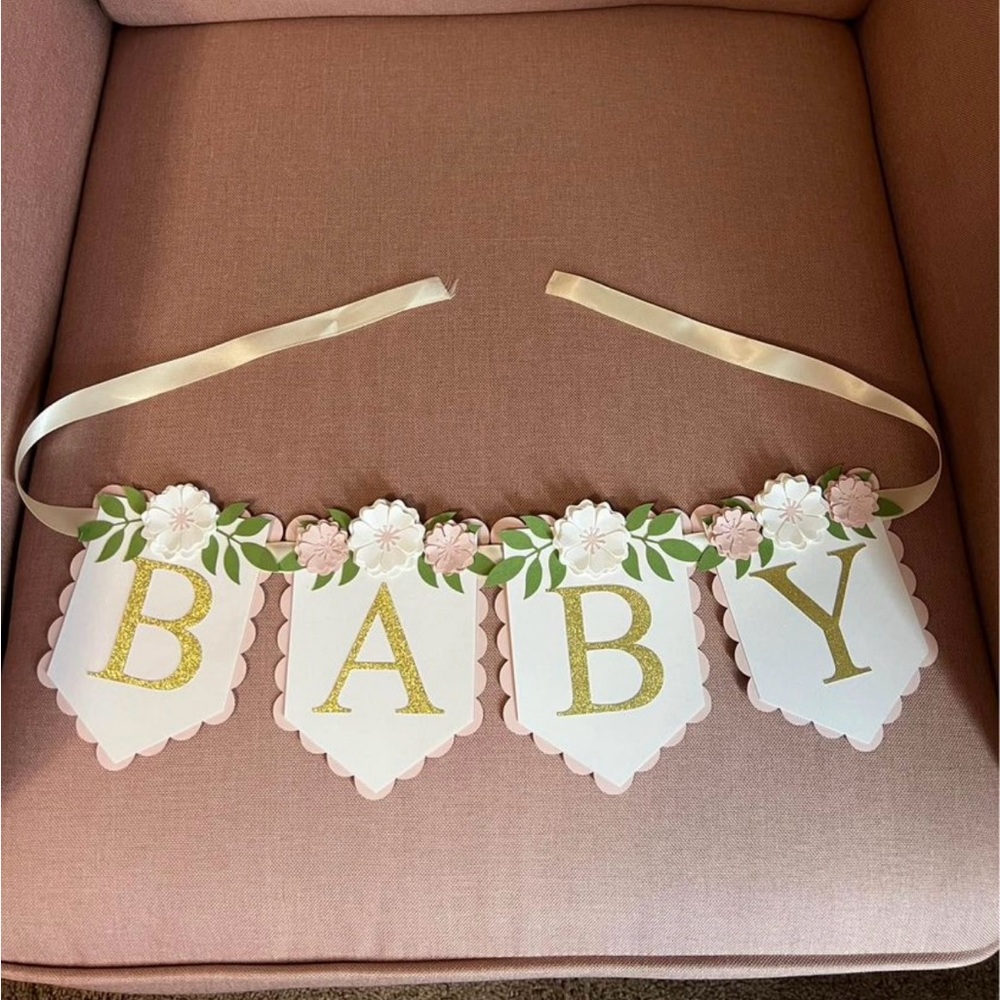 BABY Pennant Banner in pink, white and gold with flowers